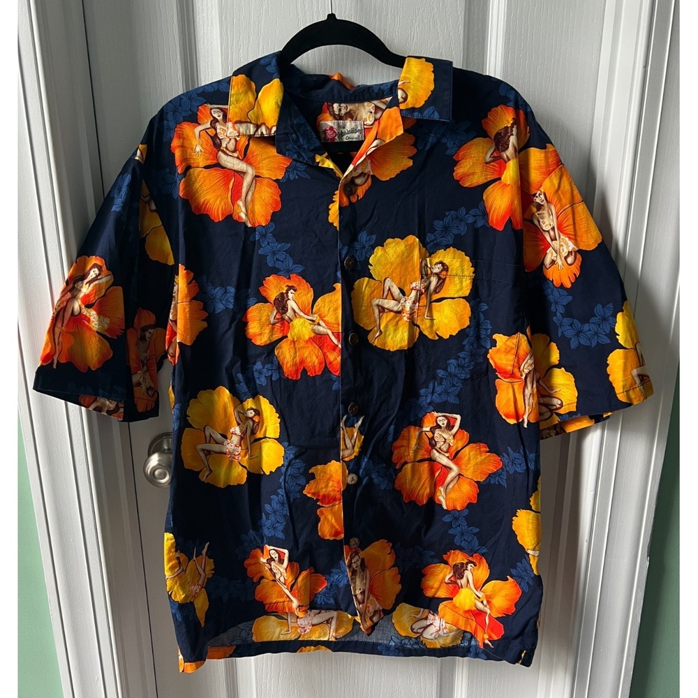 Hilo Hattie Men's Shirt Vintage Hula Girl Hibiscus Flower Floral‎ Size L
